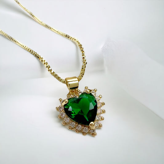 Love Heart Necklace 14K Gold Plated with Green Birthstone Pendants, Jewelry