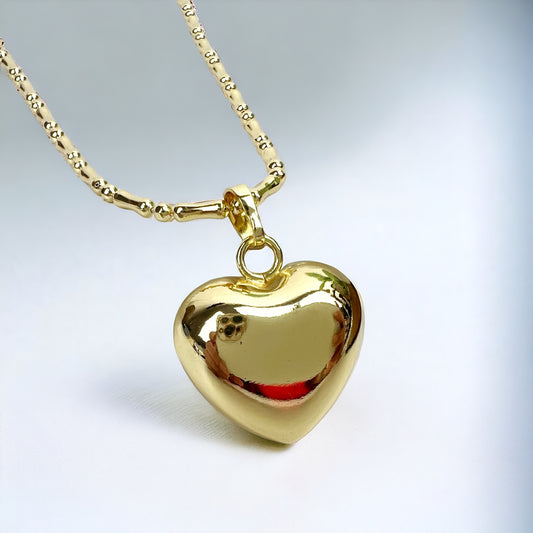 Puffy Heart Necklace 14K Gold Plated  on 18in Chain