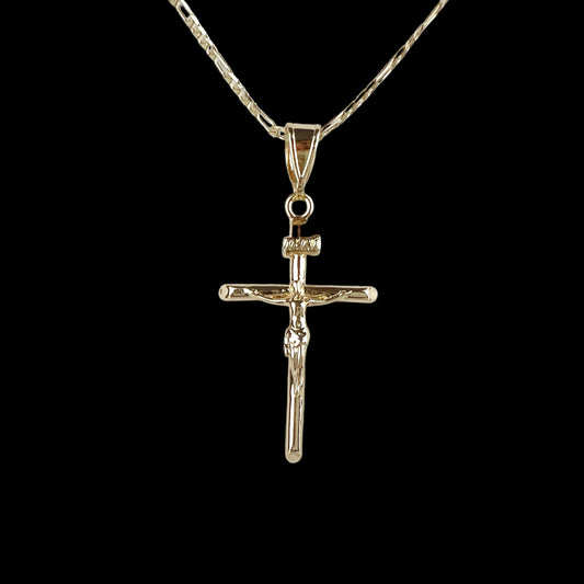 14K Gold Plated Jesus Cross Faith Pendant Minimalist Necklace 18in Figaro Chain