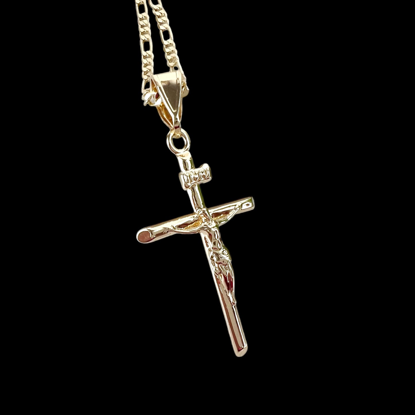 14K Gold Plated Jesus Cross Faith Pendant Minimalist Necklace 18in Figaro Chain