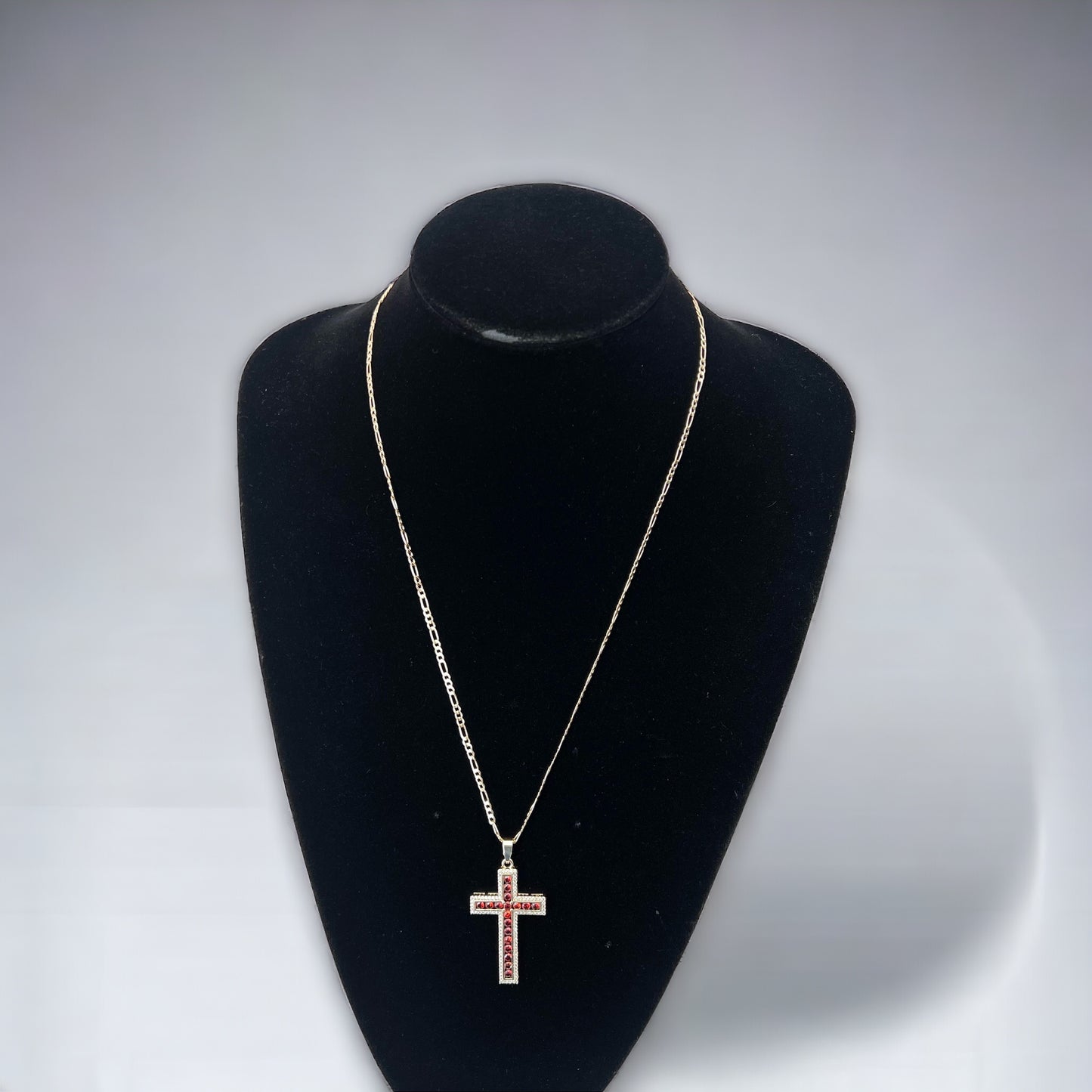 14K Gold Plated Figaro Chain Cross Pendant Necklace 22 inch 2.5MM Cross Necklace Red Garment Religious Crucifix