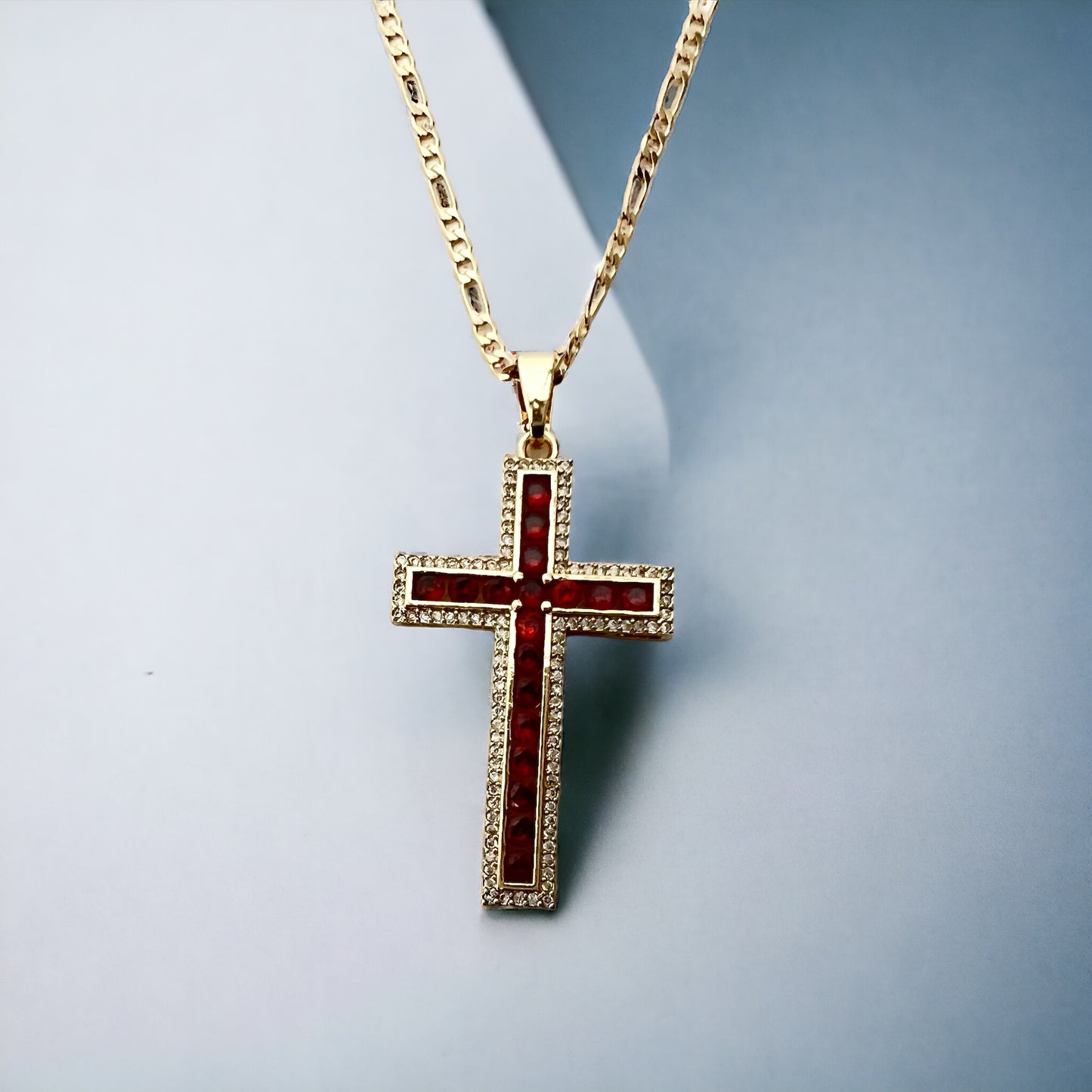 14K Gold Plated Figaro Chain Cross Pendant Necklace 22 inch 2.5MM Cross Necklace Red Garment Religious Crucifix