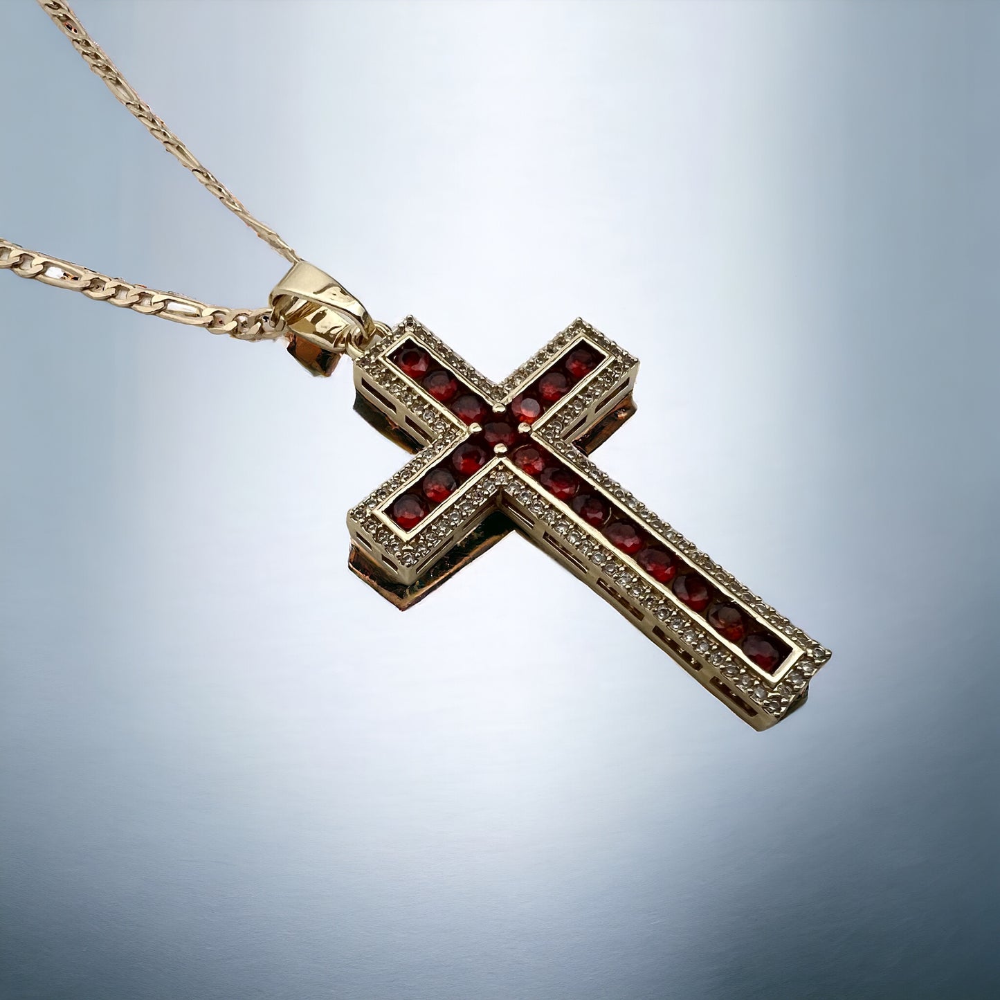 14K Gold Plated Figaro Chain Cross Pendant Necklace 22 inch 2.5MM Cross Necklace Red Garment Religious Crucifix