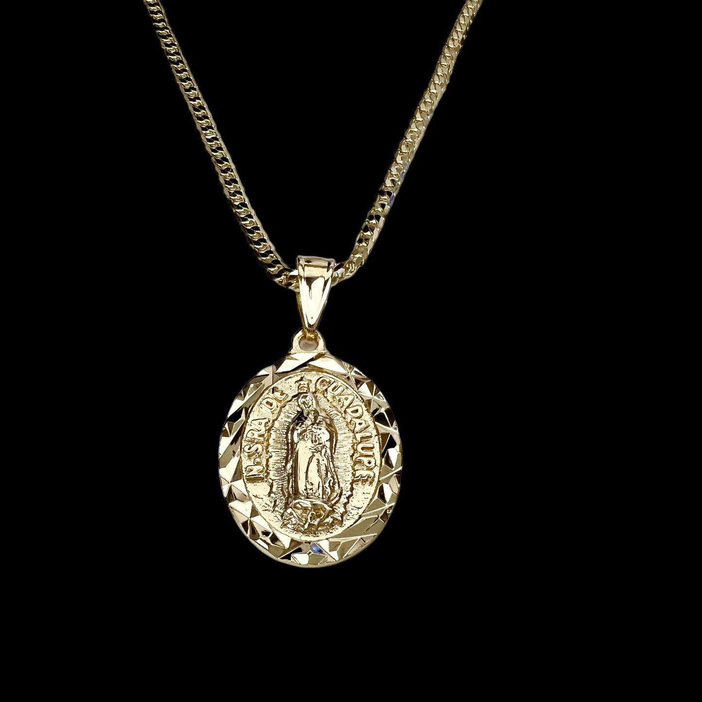 14K Gold Plated Guadalupe Virgin Mary Oval Pendant Necklace for Women Men 2.5mm Cuban Chain Necklace 22 inches