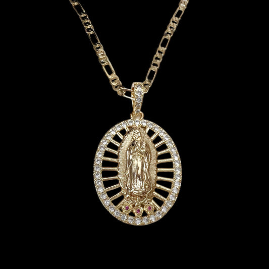 14K Gold Plated Guadalupe Virgin Mary Pendant Necklace for Women Men White Color Zircon Oval Virgin Mary 3.6mm Figaro Chain Necklace 24 inches