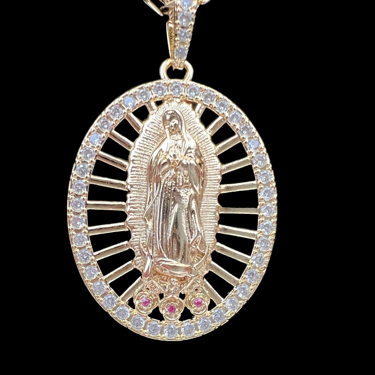 14K Gold Plated Guadalupe Virgin Mary Pendant Necklace for Women Men White Color Zircon Oval Virgin Mary 3.6mm Figaro Chain Necklace 24 inches