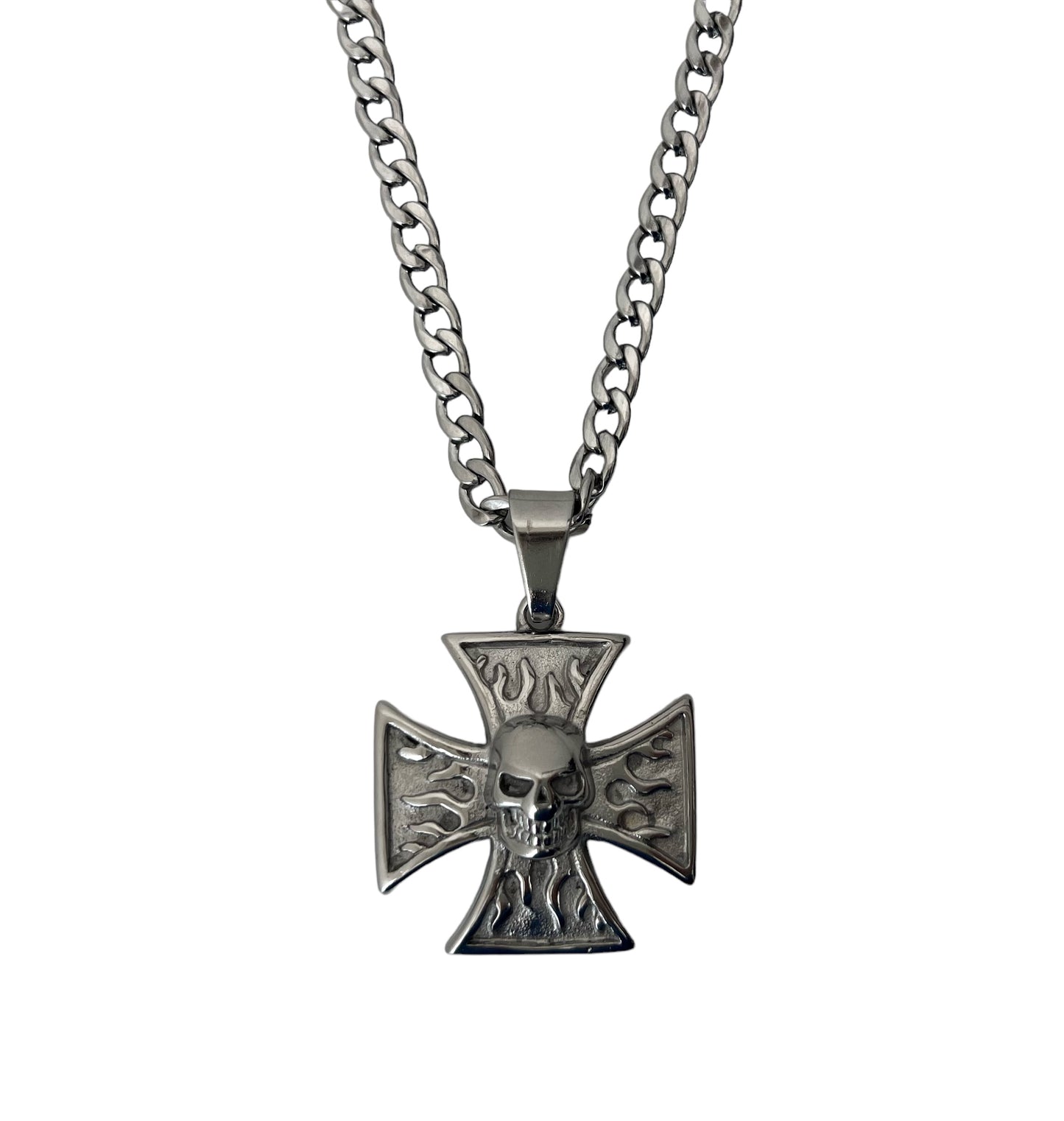 Biker Skull Cross Necklace 24” 4mm for Men Stainless Steel Pendant Gothic Skull Jewelry