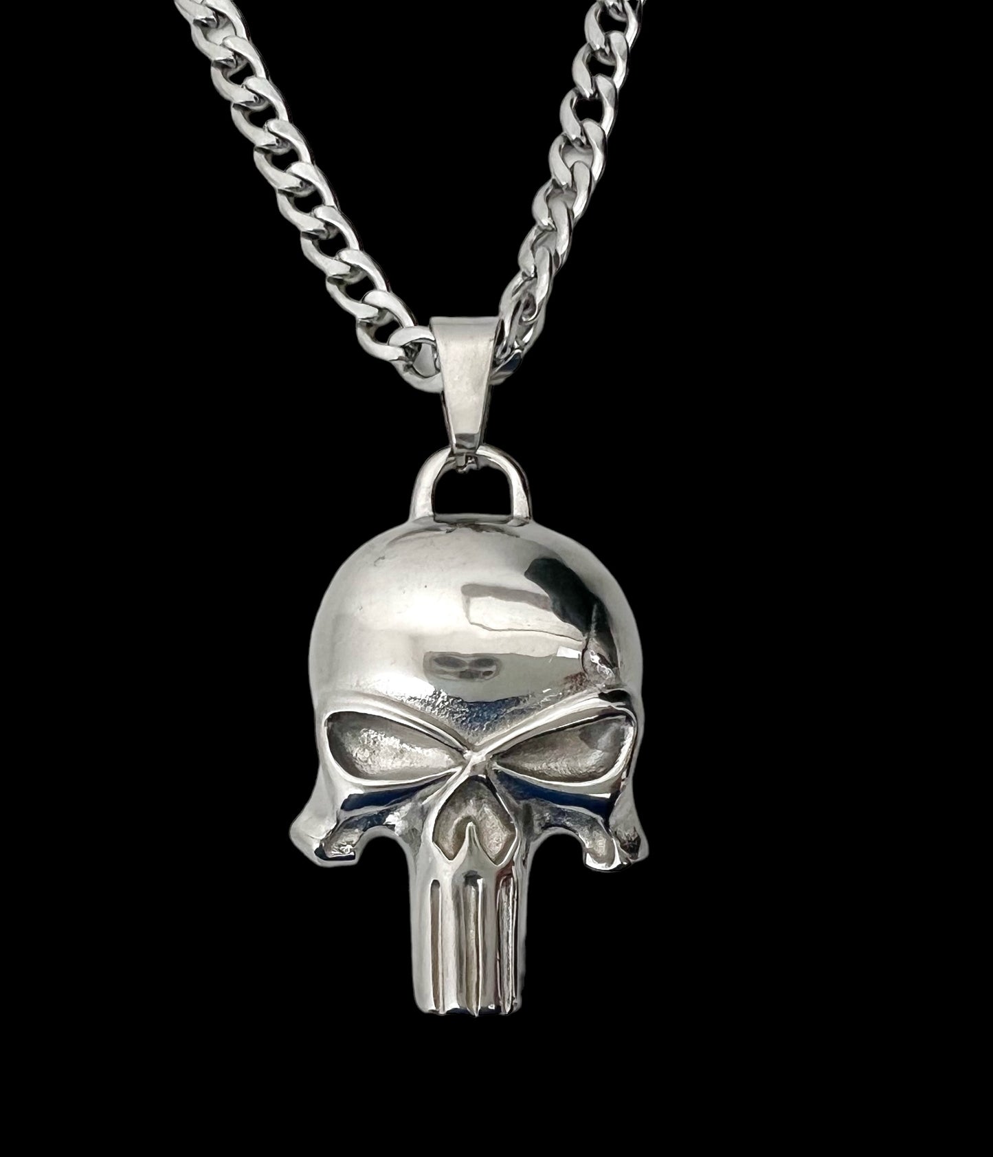 Gothic Punisher Skull Pendant Necklace Men's 24in 4mm Curb Chain Stainless Steel Biker Necklace