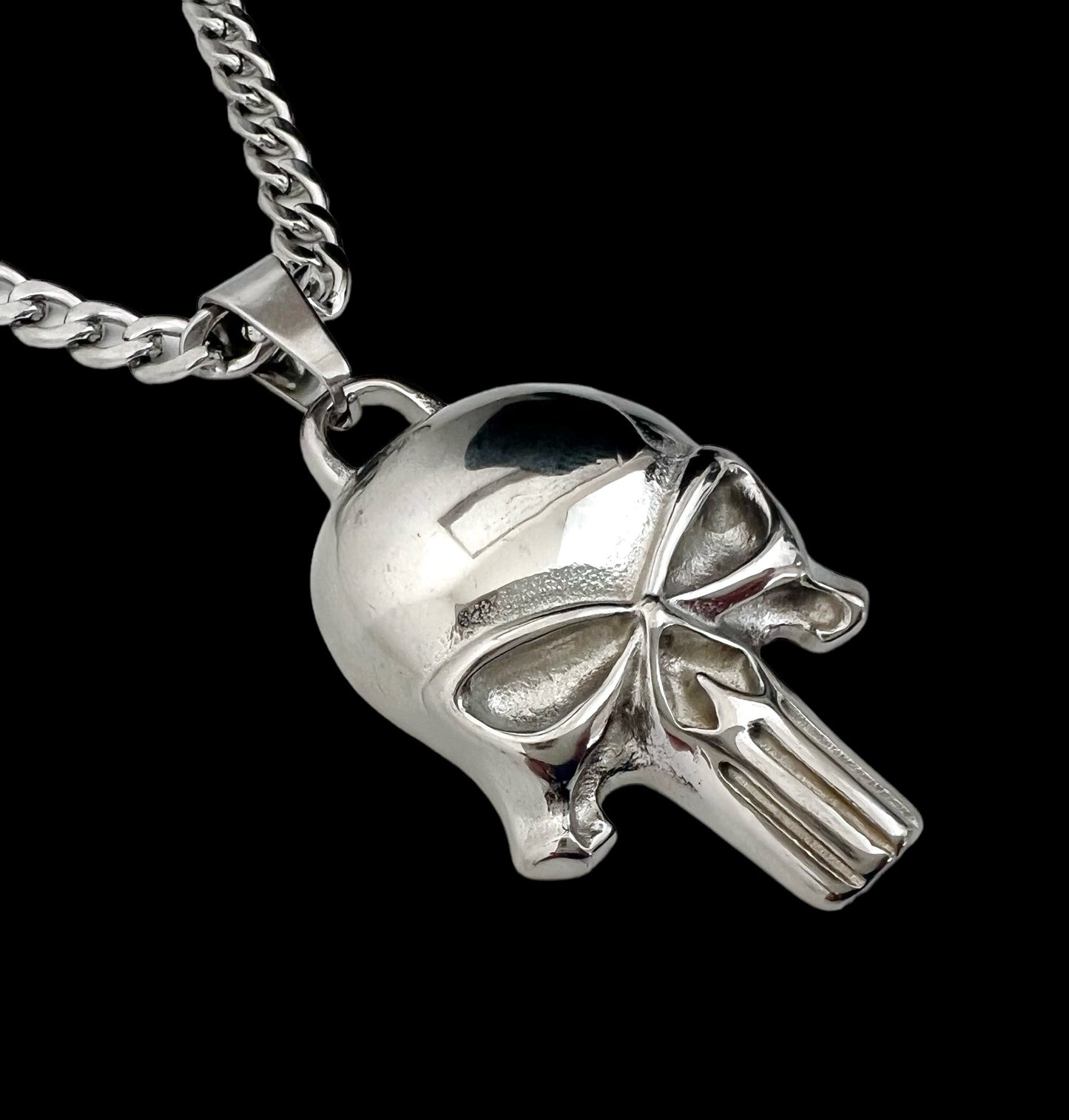 Gothic Punisher Skull Pendant Necklace Men's 24in 4mm Curb Chain Stainless Steel Biker Necklace