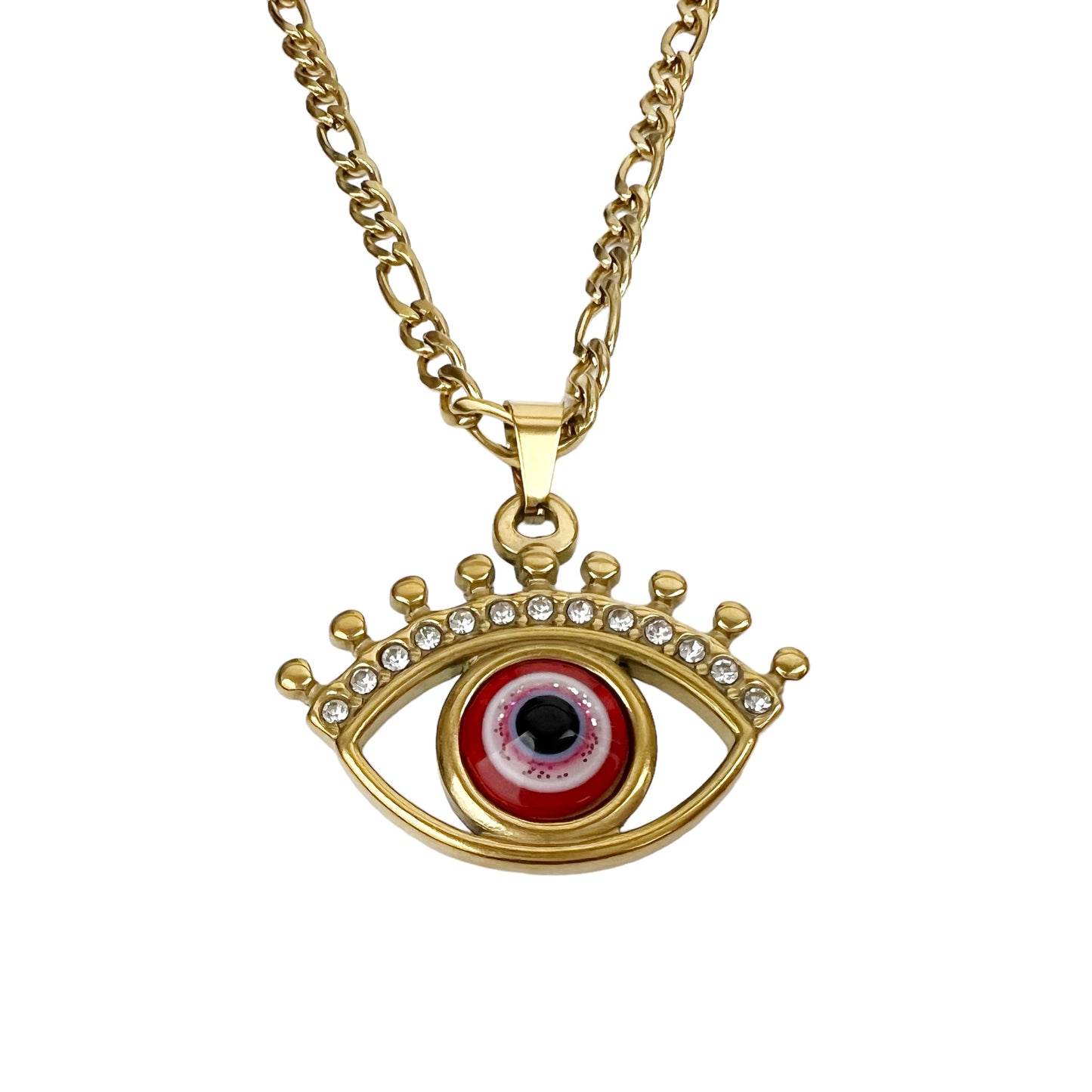 Gold Tone Evil Eye Necklace for Women Men CZ 22in 3mm Figaro Chain Necklace