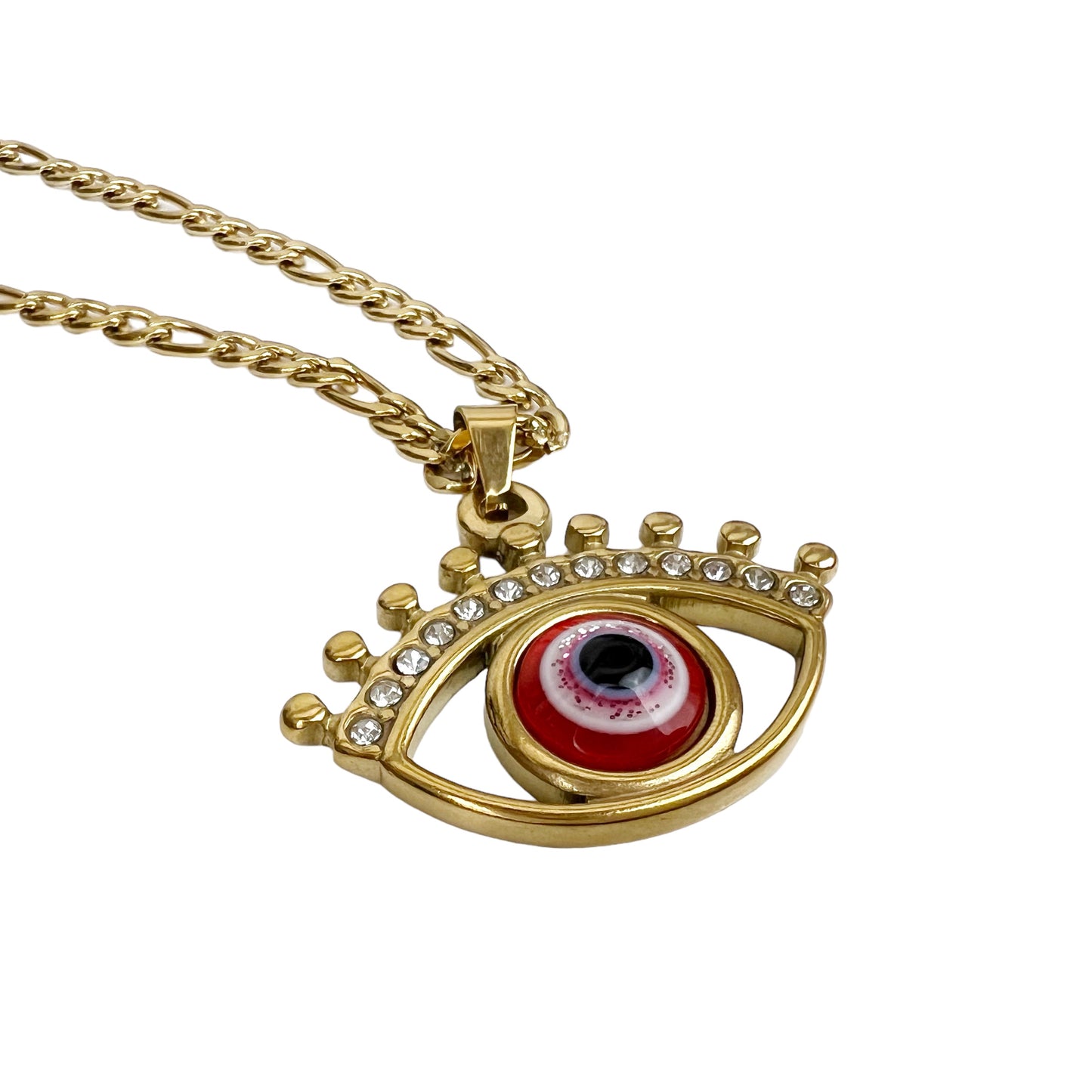 Gold Tone Evil Eye Necklace for Women Men CZ 22in 3mm Figaro Chain Necklace