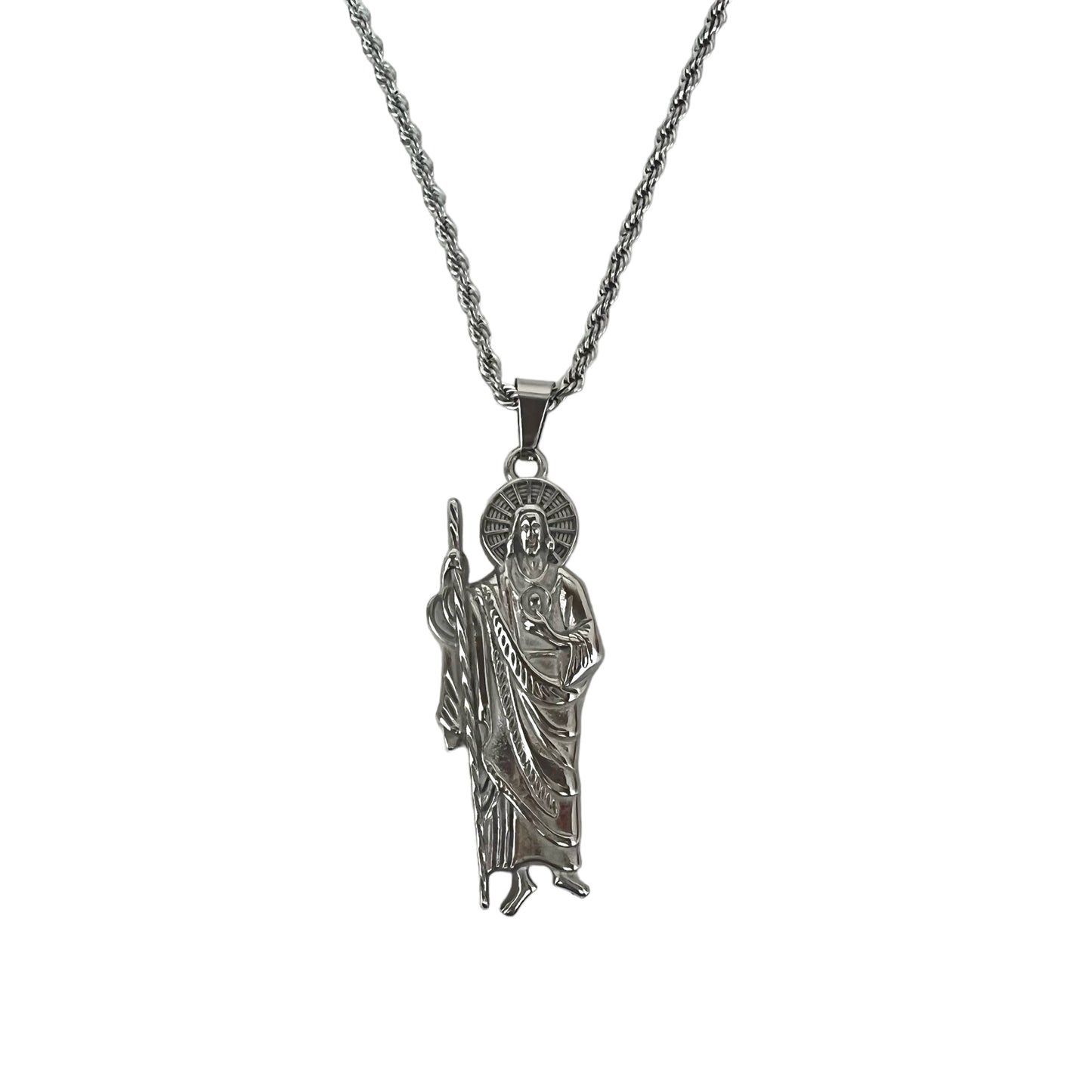 Stainless Steel San Judas Tadeo Saint Jude 24in 3mm Rope Chain Necklace 2” Pendant