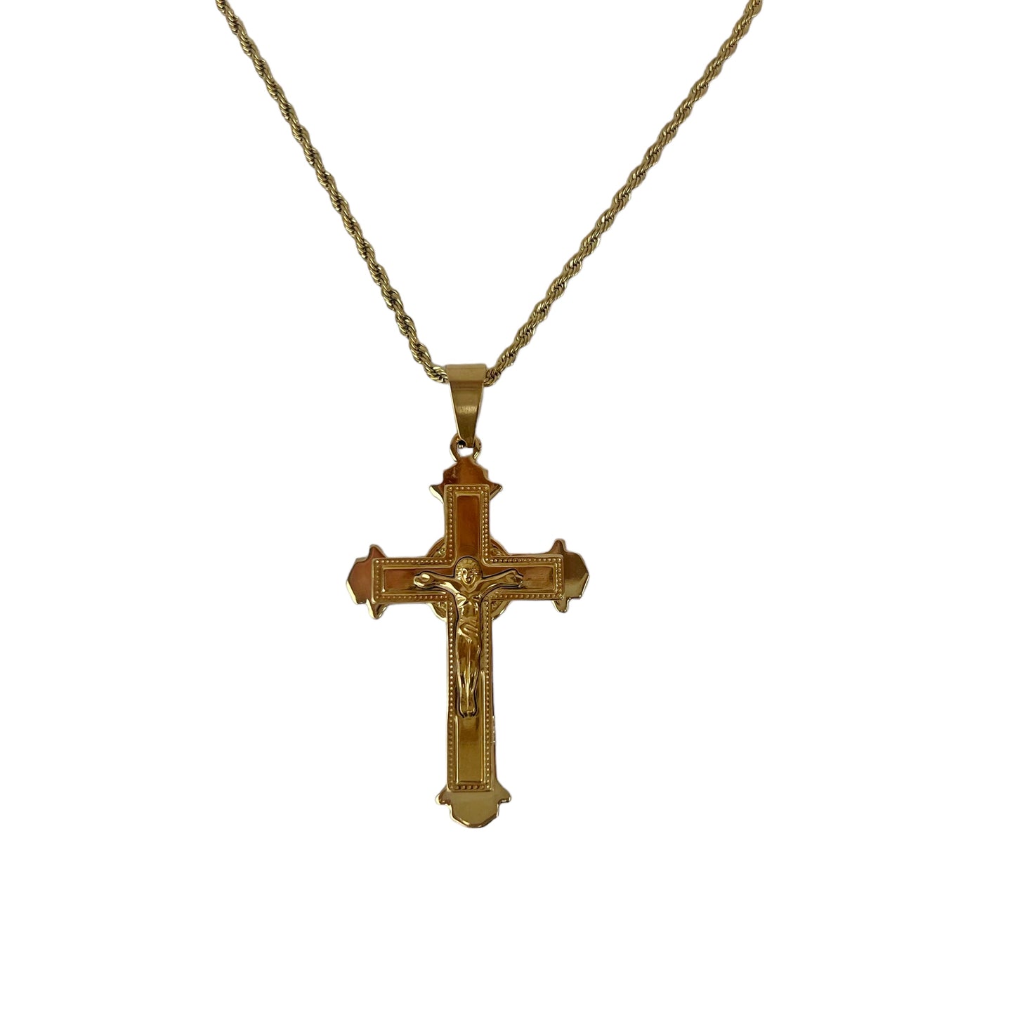 18K Gold Plated Stainless Steel Jesus Cross Faith Pendant Necklace 24in 3mm Rope Chain 2in Pendant