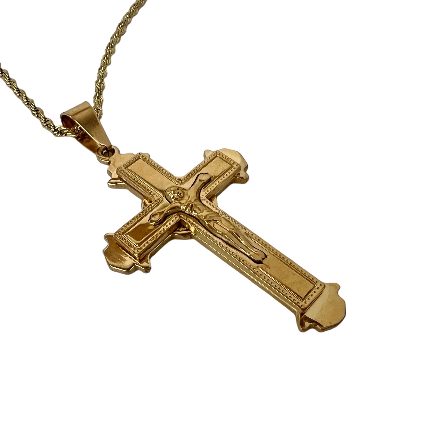 18K Gold Plated Stainless Steel Jesus Cross Faith Pendant Necklace 24in 3mm Rope Chain 2in Pendant