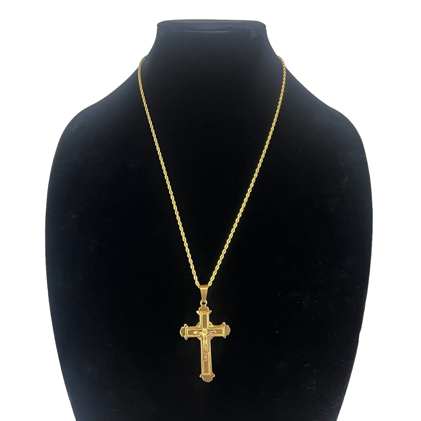 18K Gold Plated Stainless Steel Jesus Cross Faith Pendant Necklace 24in 3mm Rope Chain 2in Pendant