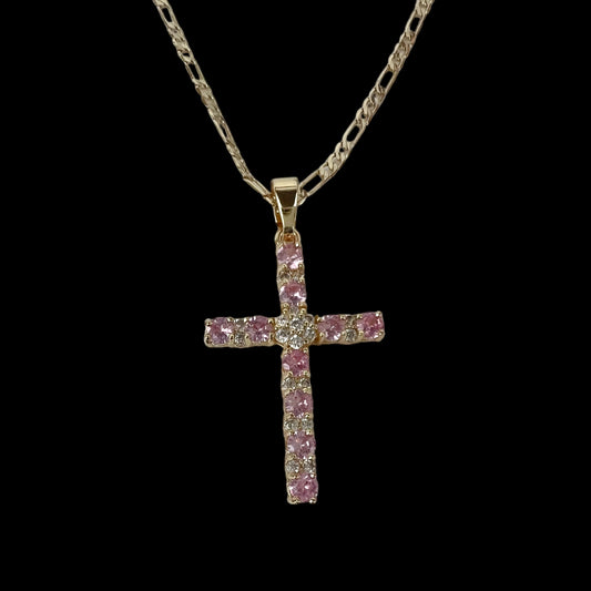 14K Gold Plated Figaro Chain Cross Pendant Necklace 22 inch 2.5MM Cross Necklace Pink Gemstone Religious Crucifix