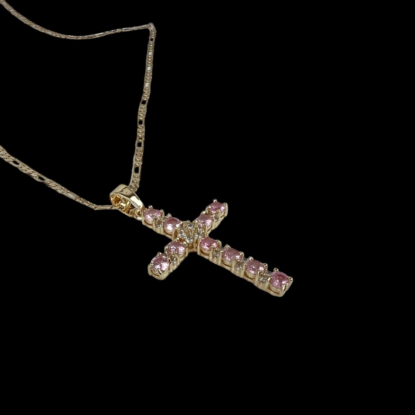 14K Gold Plated Figaro Chain Cross Pendant Necklace 22 inch 2.5MM Cross Necklace Pink Gemstone Religious Crucifix