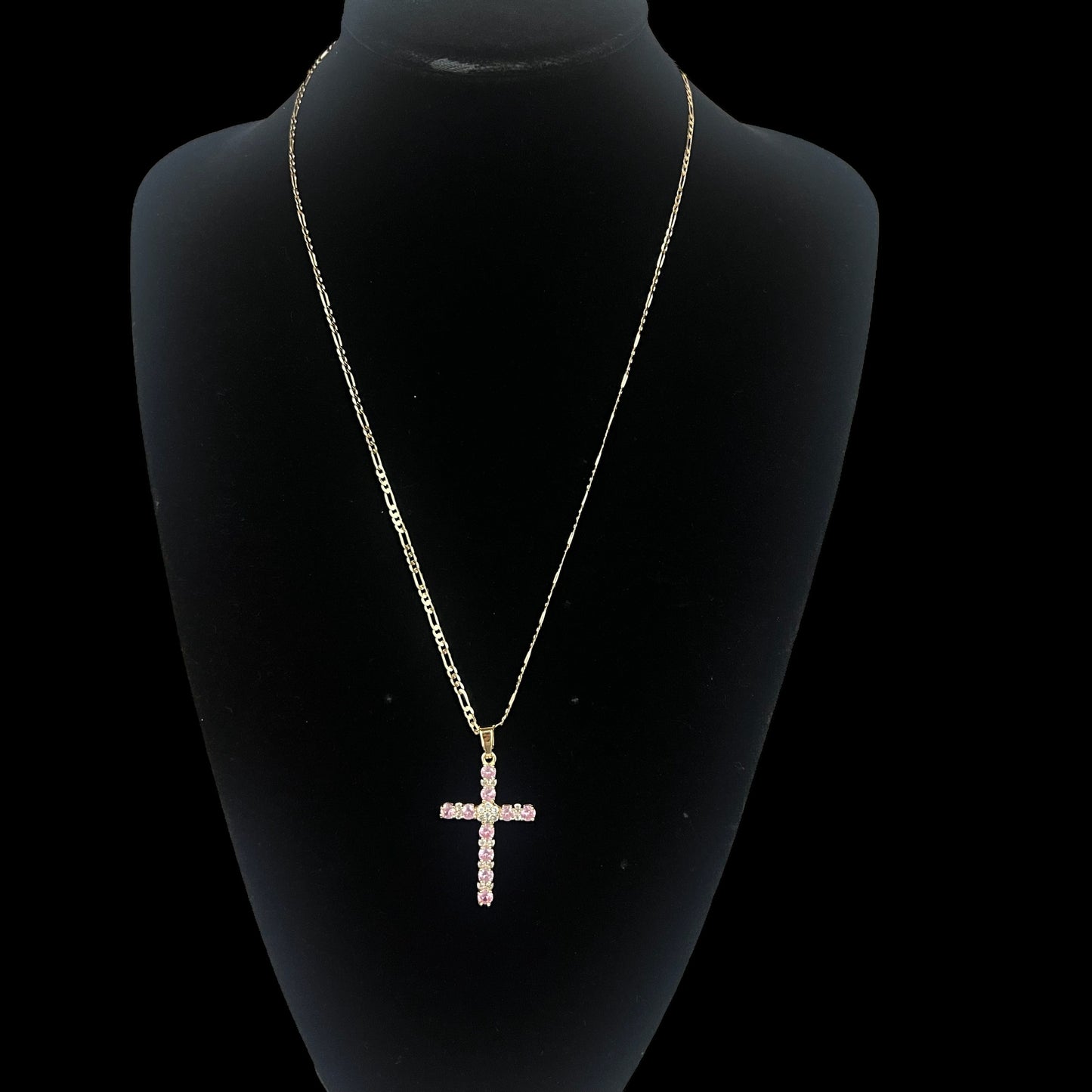 14K Gold Plated Figaro Chain Cross Pendant Necklace 22 inch 2.5MM Cross Necklace Pink Gemstone Religious Crucifix