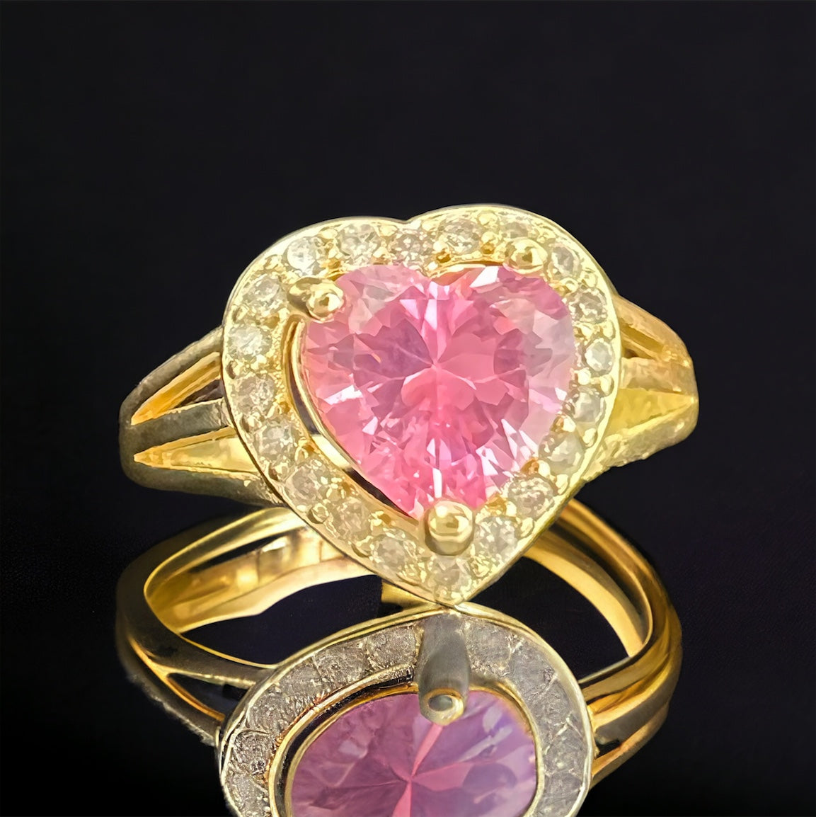 Pink Heart Rings 14K Gold Plated Cubic Zirconia Iced Out Bling Promise Love Rings For Women