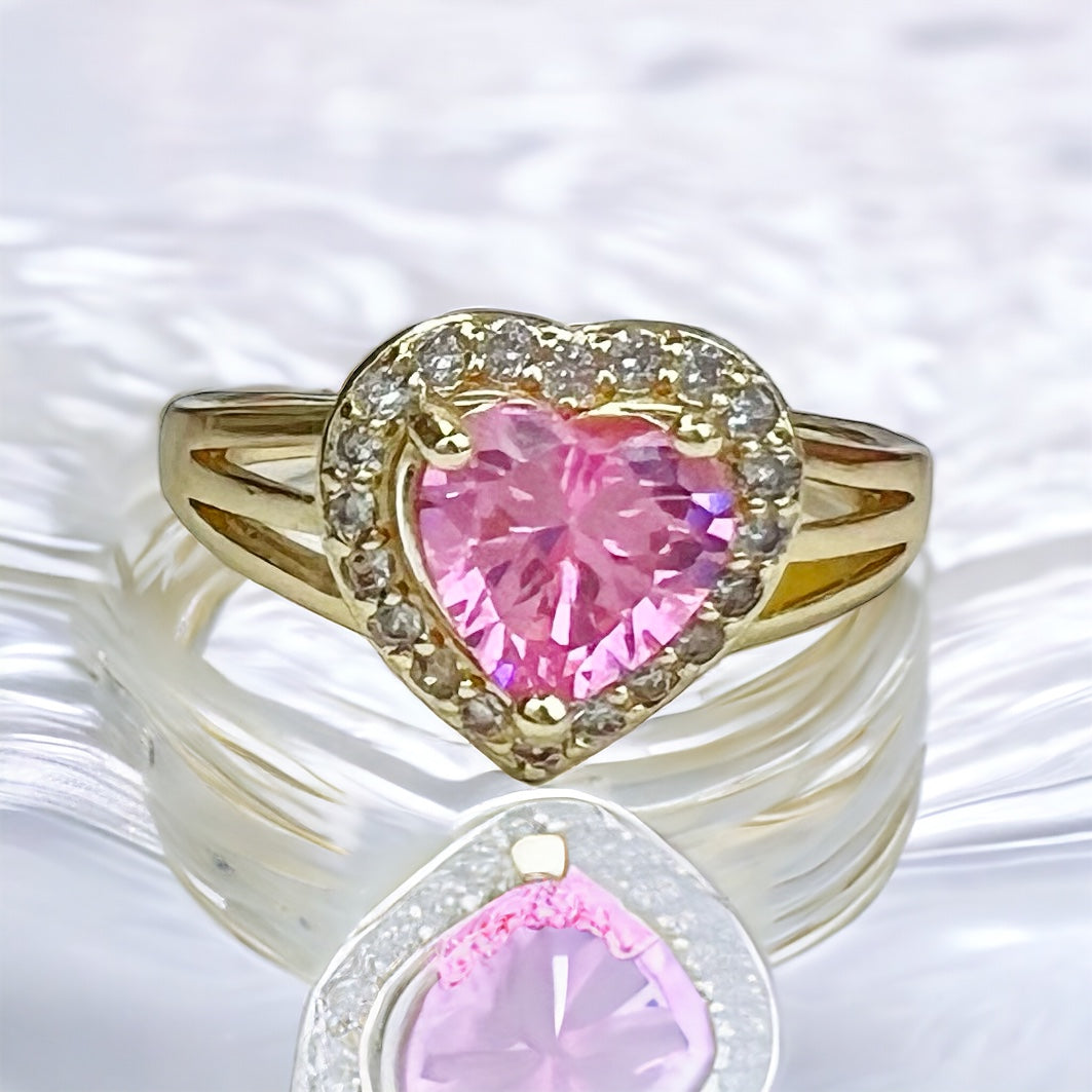 Pink Heart Rings 14K Gold Plated Cubic Zirconia Iced Out Bling Promise Love Rings For Women