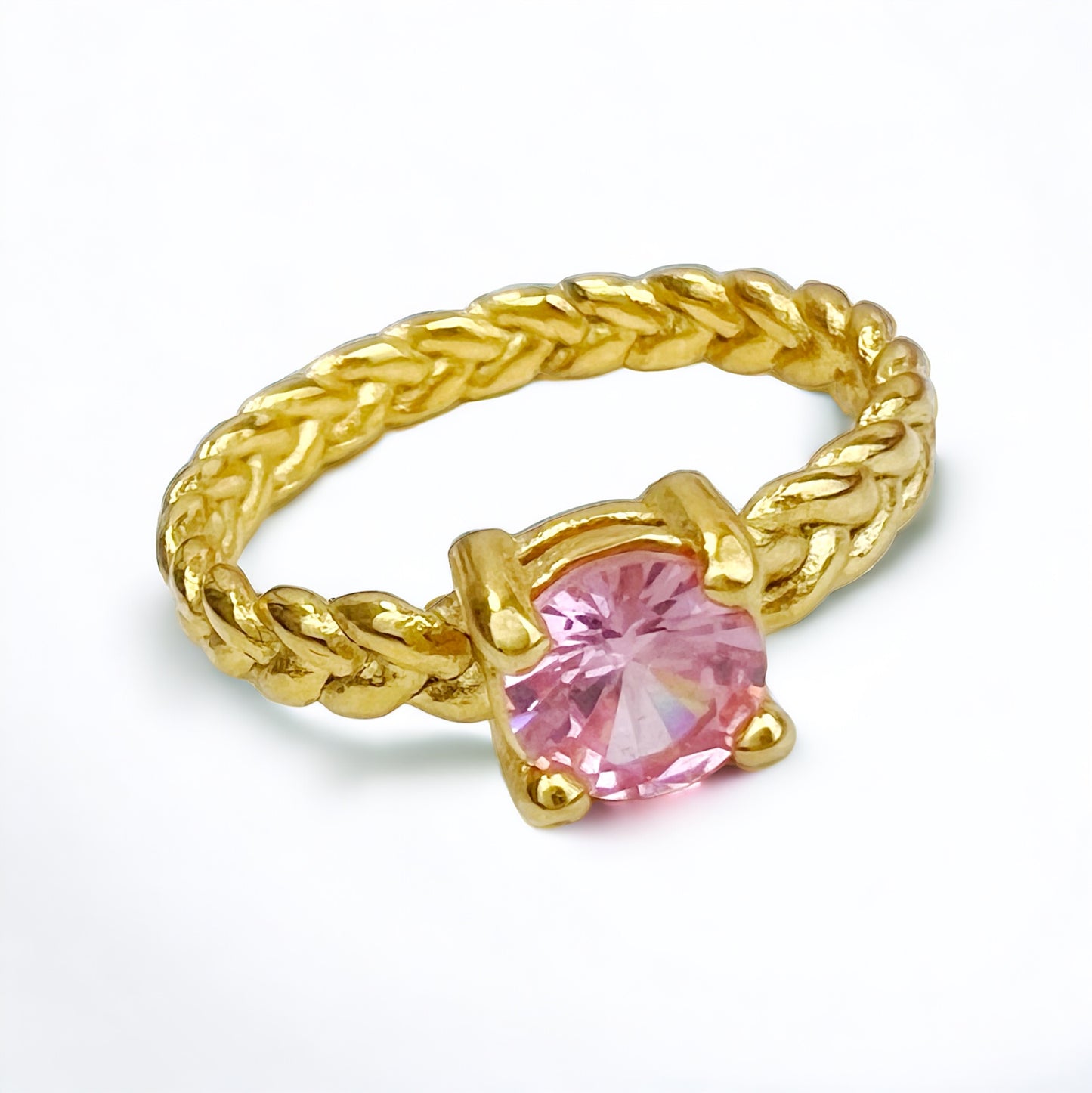 Pink 18K Gold Plated Stainless Steel Ring with Finest Cut Cubic Zirconia