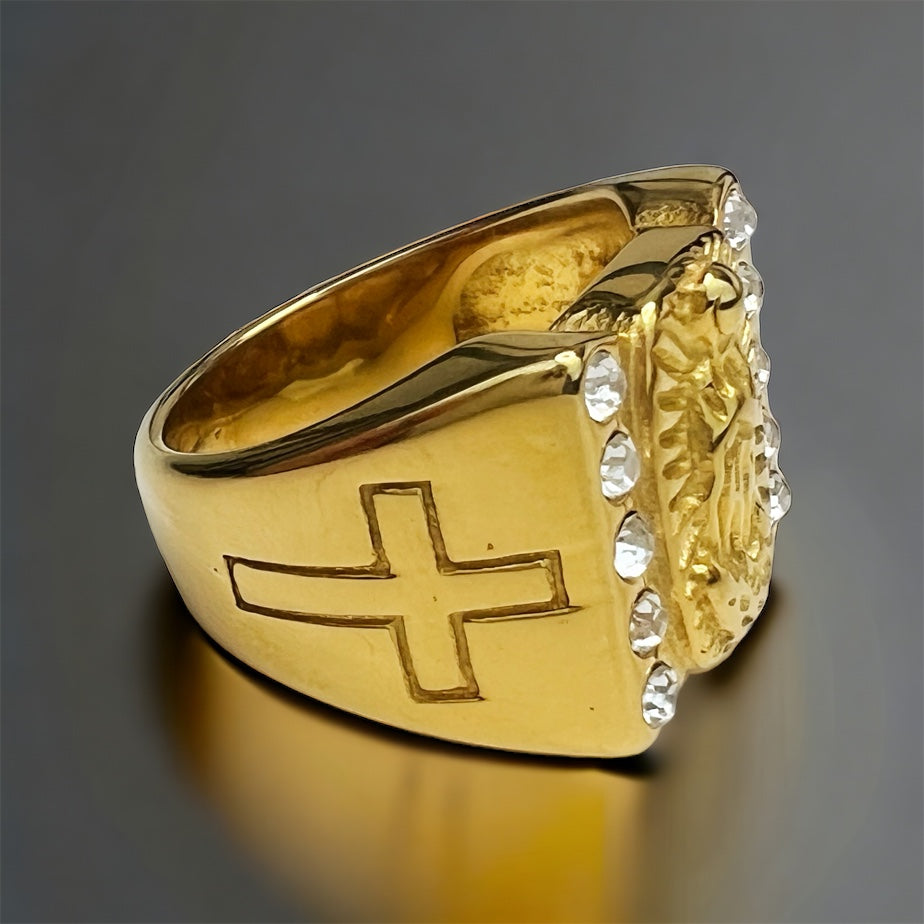 Large 14k Gold Plated Guadalupe Virgin Mary CZ Religious Ring